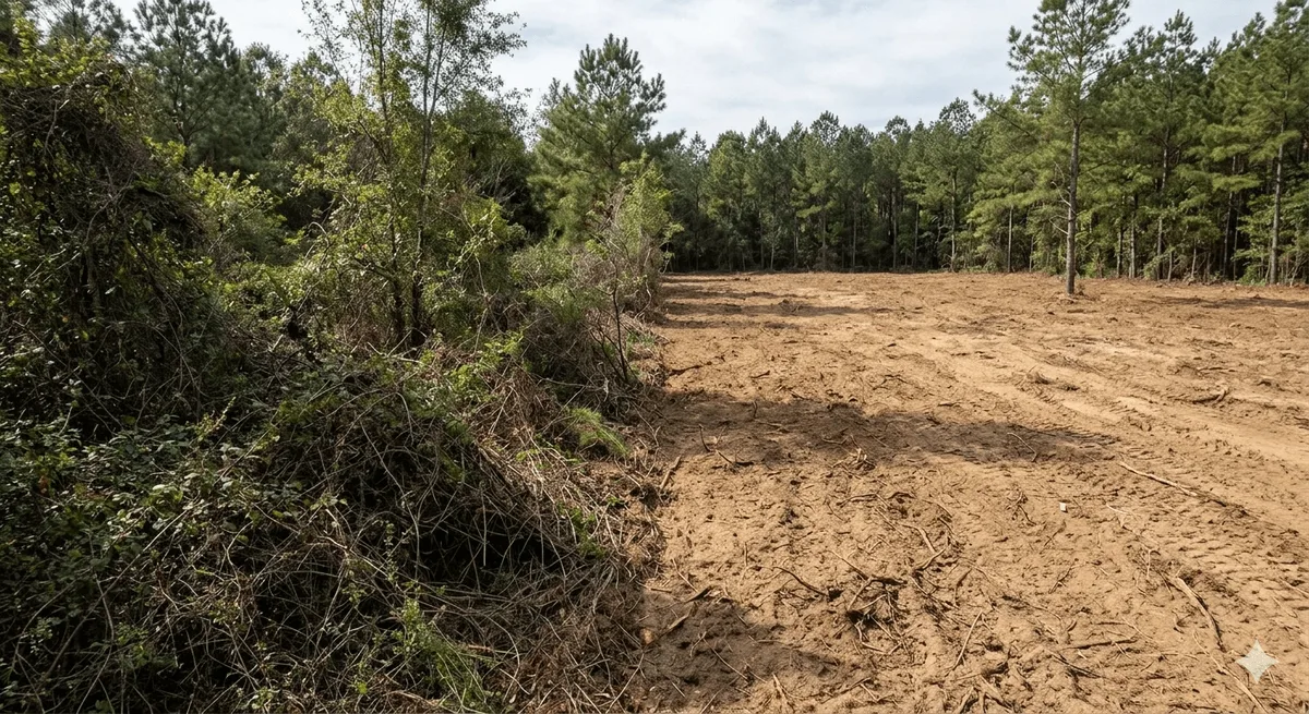 Before and after contrast of overgrown brush and cleared red clay lot