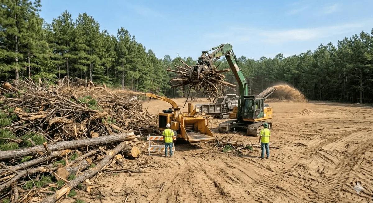 Brush and timber debris being loaded for removal after land clearing