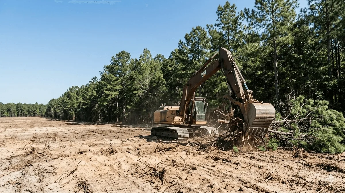 Tracked excavator clearing trees on a rural Georgia property