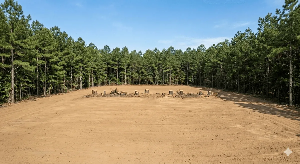 Freshly cleared residential building lot with red clay soil in Bulloch County