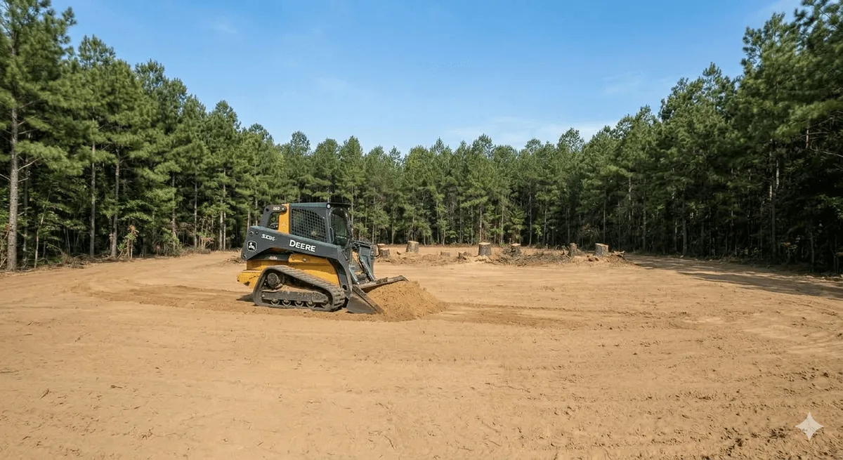 Track loader grading red clay soil for site preparation in Georgia