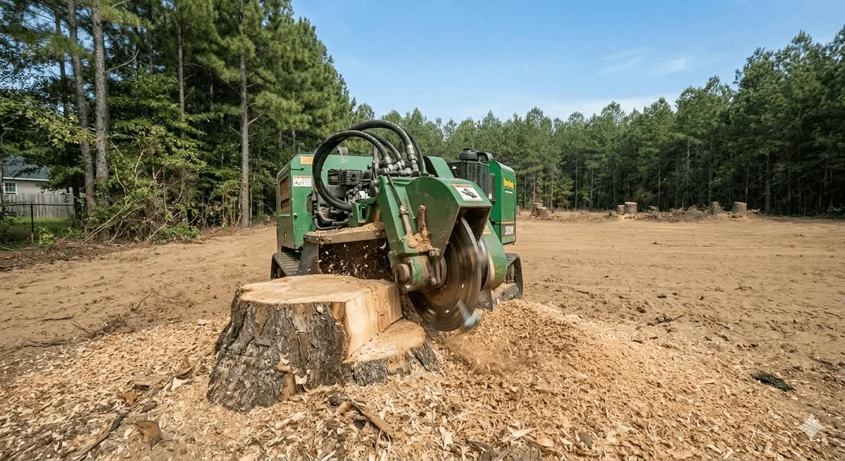Stump grinder removing a large tree stump on a Georgia property